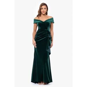 Xscape Alana Off the Shoulder Green Crushed Velvet Evening Gown 6484X 12P NWT